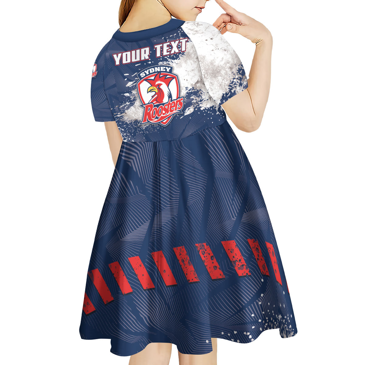 Personalized Sydney Roosters Rugby Kid Short Sleeve Dress Rooster Mascot - Sporty Splash Art Style