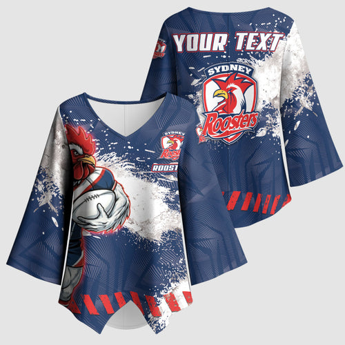 Personalized Sydney Roosters Rugby Kimono Sleeve Blouse Rooster Mascot - Sporty Splash Art Style
