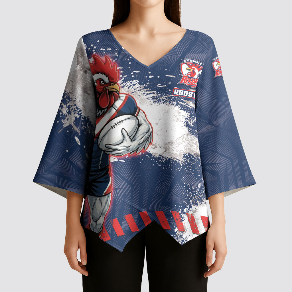 Personalized Sydney Roosters Rugby Kimono Sleeve Blouse Rooster Mascot - Sporty Splash Art Style