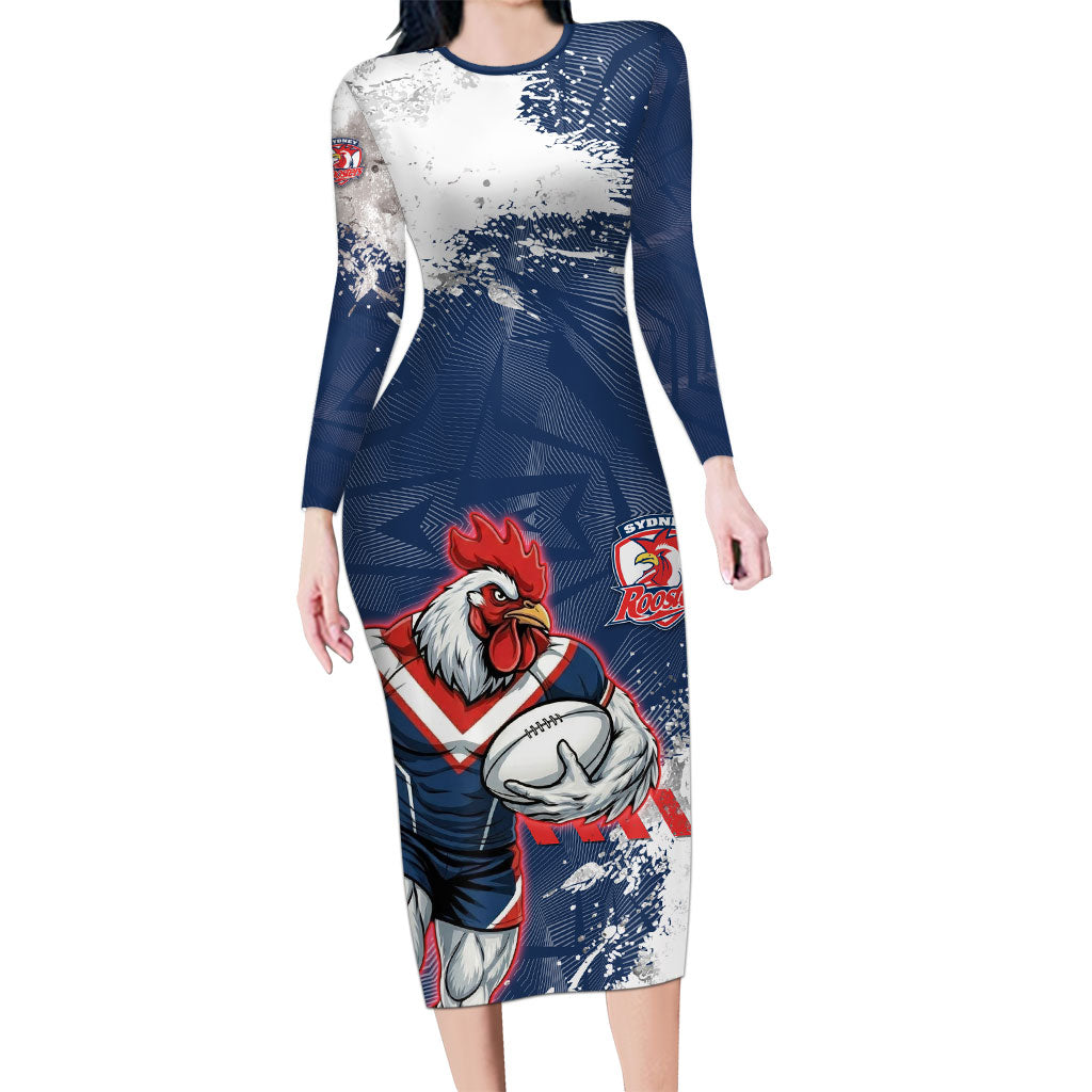 Personalized Sydney Roosters Rugby Long Sleeve Bodycon Dress Rooster Mascot - Sporty Splash Art Style