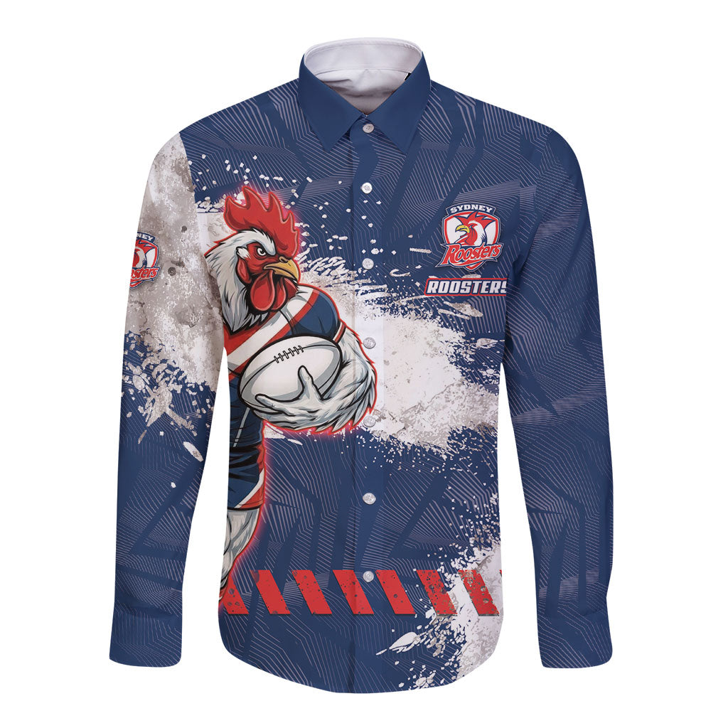 Personalized Sydney Roosters Rugby Long Sleeve Button Shirt Rooster Mascot - Sporty Splash Art Style