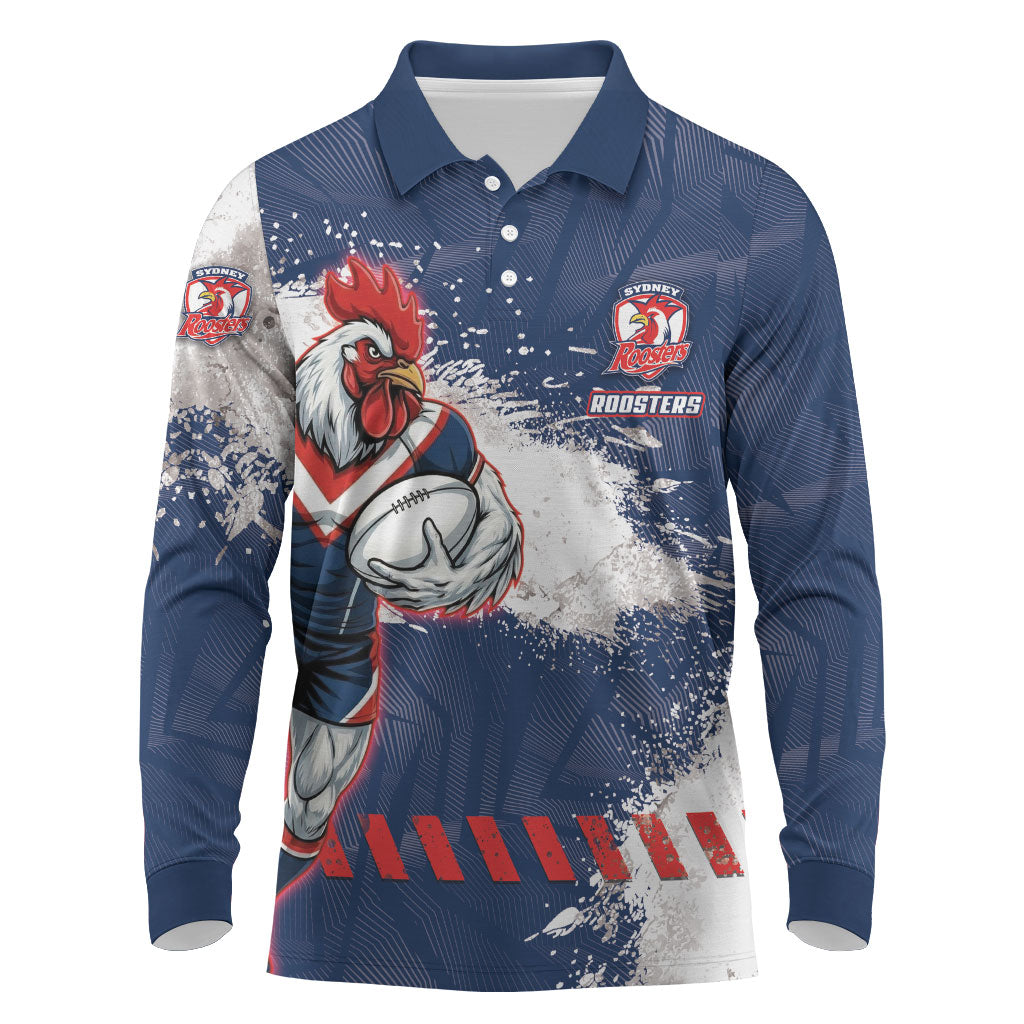 Personalized Sydney Roosters Rugby Long Sleeve Polo Shirt Rooster Mascot - Sporty Splash Art Style