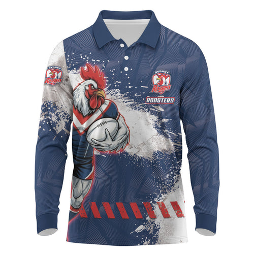 Personalized Sydney Roosters Rugby Long Sleeve Polo Shirt Rooster Mascot - Sporty Splash Art Style