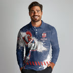 Personalized Sydney Roosters Rugby Long Sleeve Polo Shirt Rooster Mascot - Sporty Splash Art Style