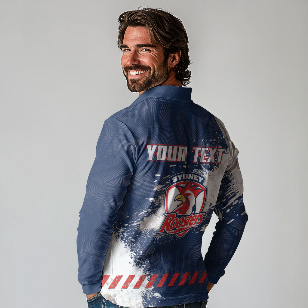 Personalized Sydney Roosters Rugby Long Sleeve Polo Shirt Rooster Mascot - Sporty Splash Art Style
