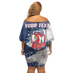 Personalized Sydney Roosters Rugby Off Shoulder Short Dress Rooster Mascot - Sporty Splash Art Style