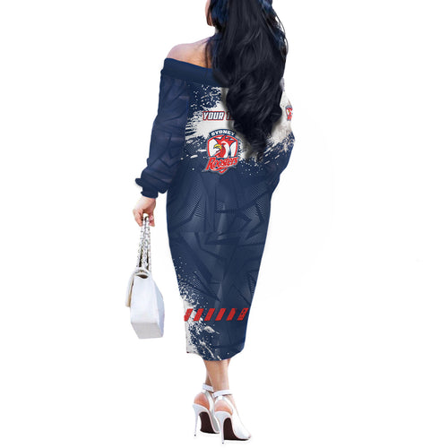 Personalized Sydney Roosters Rugby Off The Shoulder Long Sleeve Dress Rooster Mascot - Sporty Splash Art Style