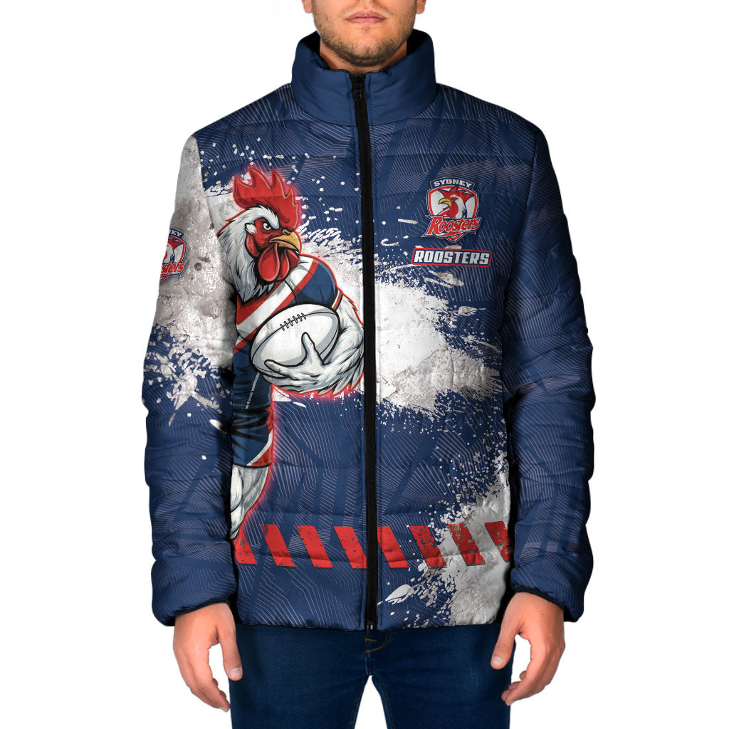 Personalized Sydney Roosters Rugby Padded Jacket Rooster Mascot - Sporty Splash Art Style