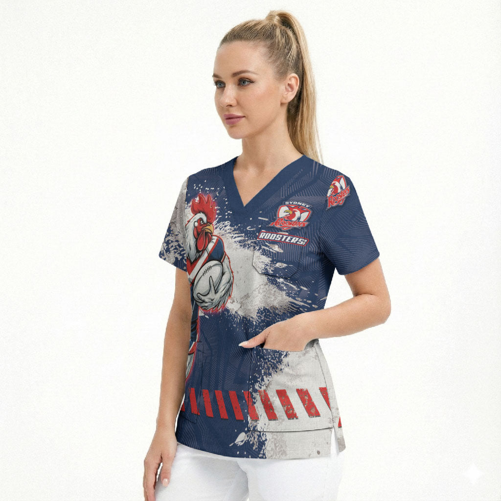 Personalized Sydney Roosters Rugby Scrub Top Rooster Mascot - Sporty Splash Art Style