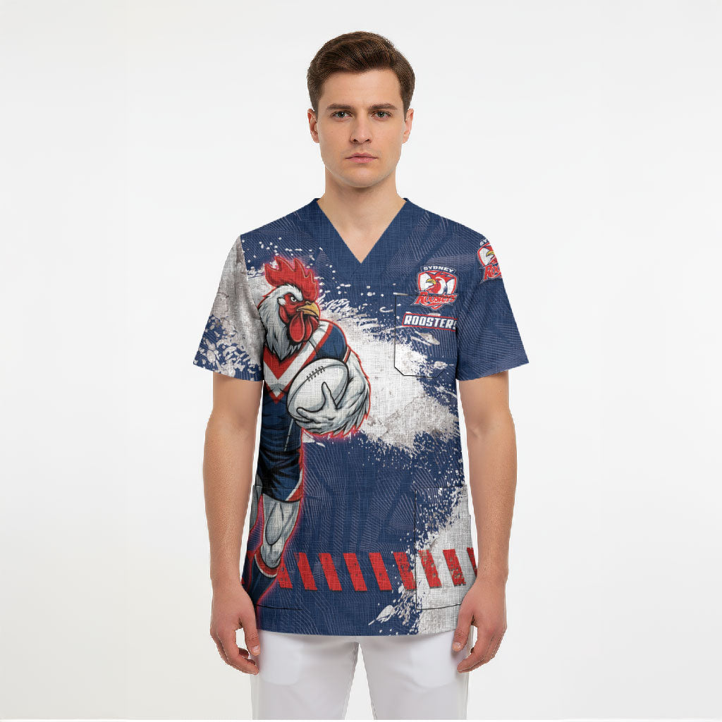 Personalized Sydney Roosters Rugby Scrub Top Rooster Mascot - Sporty Splash Art Style