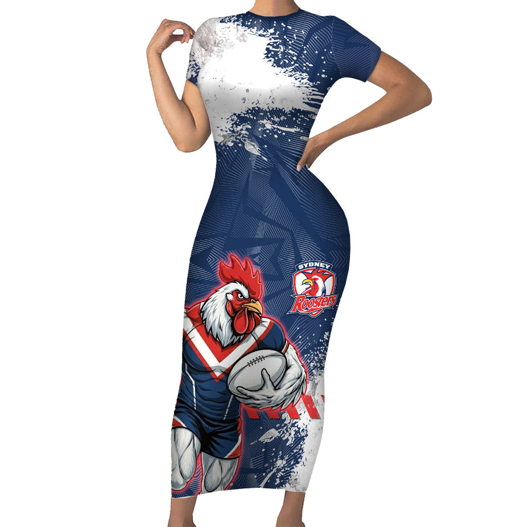 Personalized Sydney Roosters Rugby Short Sleeve Bodycon Dress Rooster Mascot - Sporty Splash Art Style