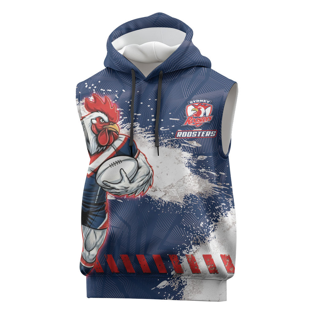Personalized Sydney Roosters Rugby Sleeveless Hoodie Rooster Mascot - Sporty Splash Art Style