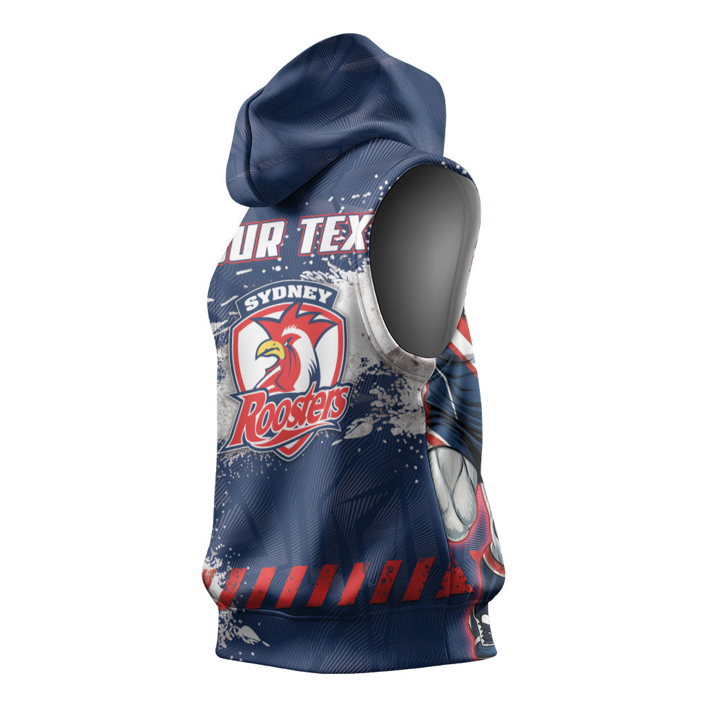 Personalized Sydney Roosters Rugby Sleeveless Hoodie Rooster Mascot - Sporty Splash Art Style