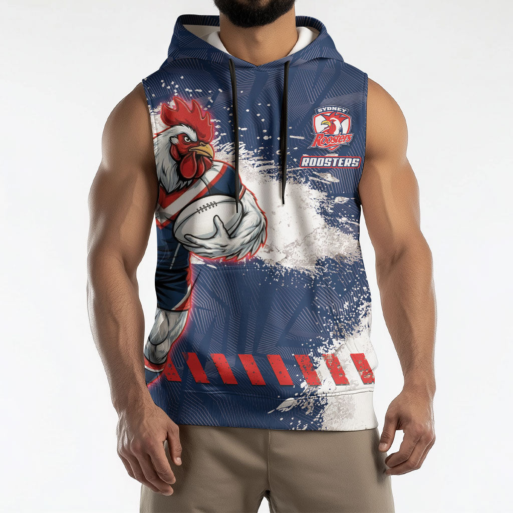 Personalized Sydney Roosters Rugby Sleeveless Hoodie Rooster Mascot - Sporty Splash Art Style