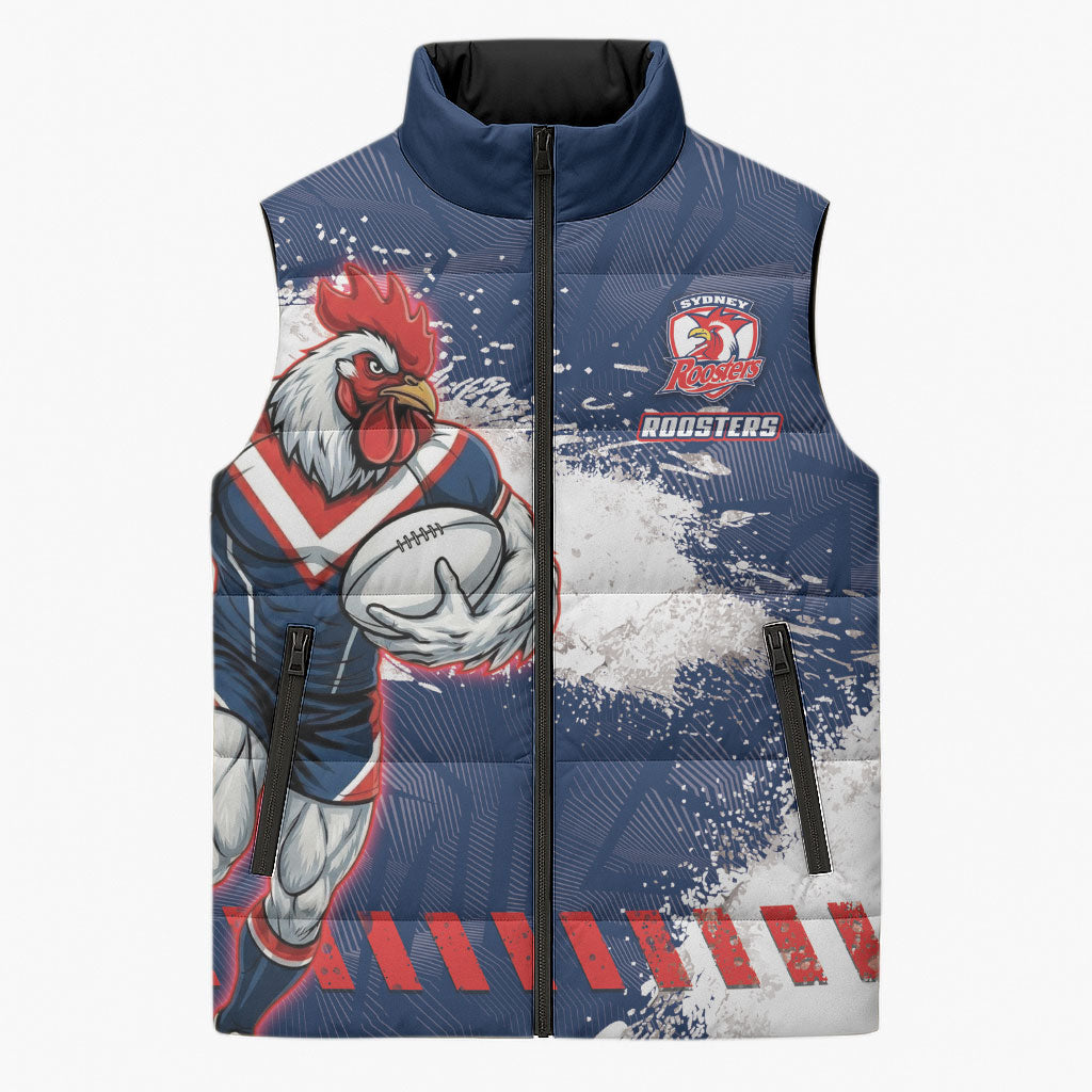 Personalized Sydney Roosters Rugby Sleeveless Puffer Jacket Rooster Mascot - Sporty Splash Art Style