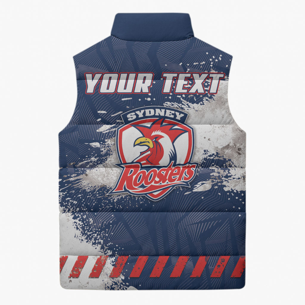 Personalized Sydney Roosters Rugby Sleeveless Puffer Jacket Rooster Mascot - Sporty Splash Art Style