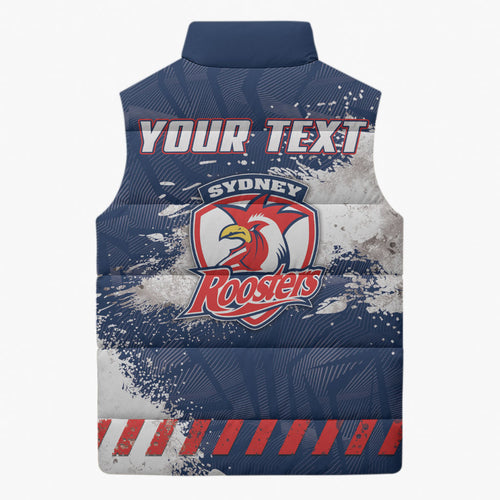 Personalized Sydney Roosters Rugby Sleeveless Puffer Jacket Rooster Mascot - Sporty Splash Art Style