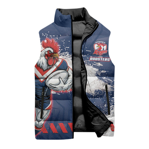 Personalized Sydney Roosters Rugby Sleeveless Puffer Jacket Rooster Mascot - Sporty Splash Art Style