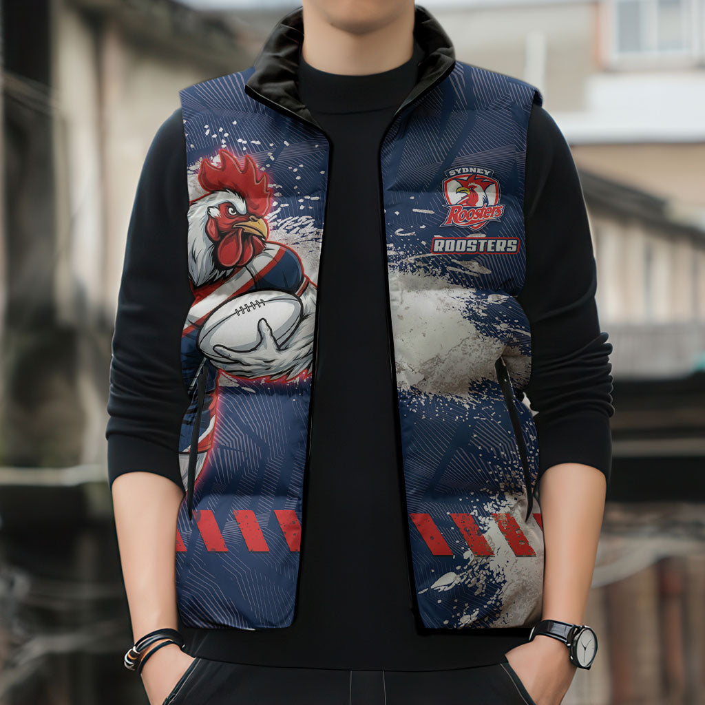 Personalized Sydney Roosters Rugby Sleeveless Puffer Jacket Rooster Mascot - Sporty Splash Art Style