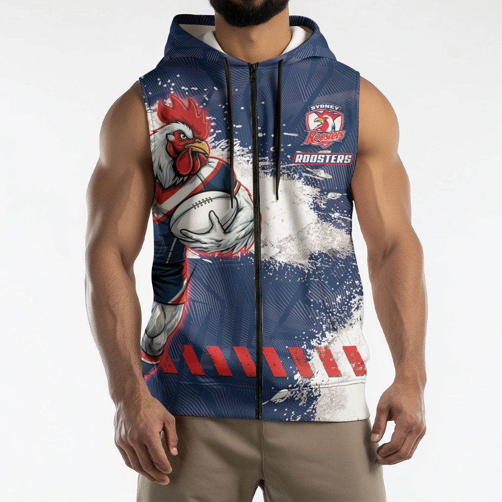 Personalized Sydney Roosters Rugby Sleeveless Zip Hoodie Rooster Mascot - Sporty Splash Art Style