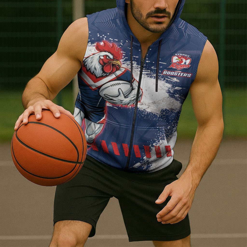 Personalized Sydney Roosters Rugby Sleeveless Zip Hoodie Rooster Mascot - Sporty Splash Art Style