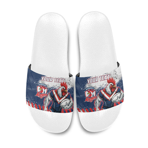 Personalized Sydney Roosters Rugby Slide Sandals Rooster Mascot - Sporty Splash Art Style