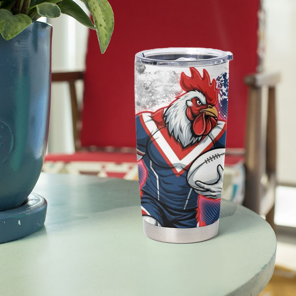 Personalized Sydney Roosters Rugby Tumbler Cup Rooster Mascot - Sporty Splash Art Style