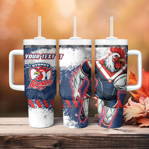 Personalized Sydney Roosters Rugby Tumbler With Handle Rooster Mascot - Sporty Splash Art Style