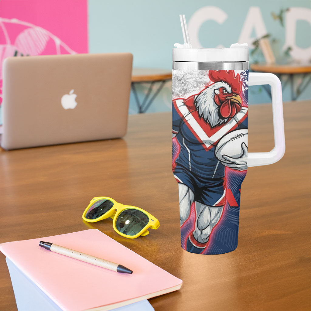 Personalized Sydney Roosters Rugby Tumbler With Handle Rooster Mascot - Sporty Splash Art Style