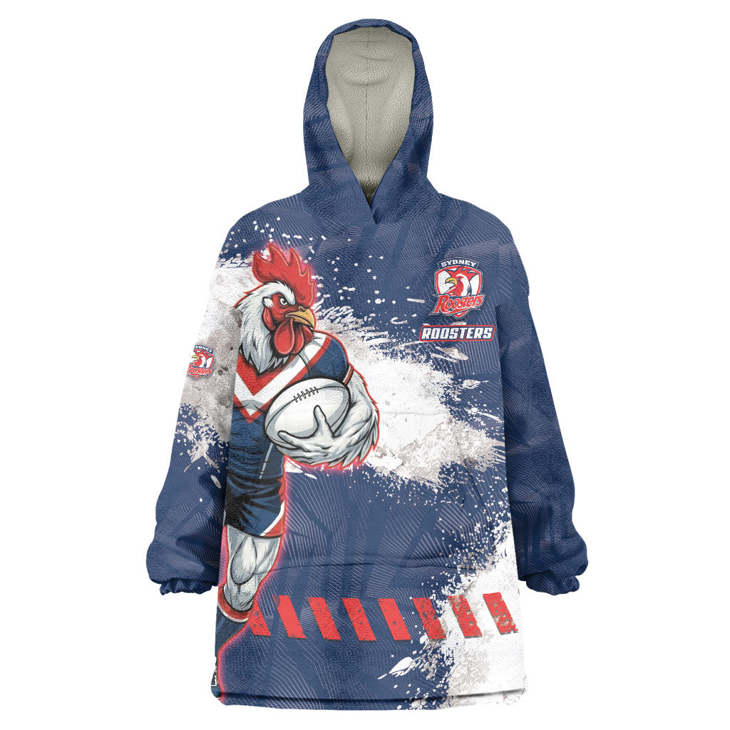 Personalized Sydney Roosters Rugby Wearable Blanket Hoodie Rooster Mascot - Sporty Splash Art Style