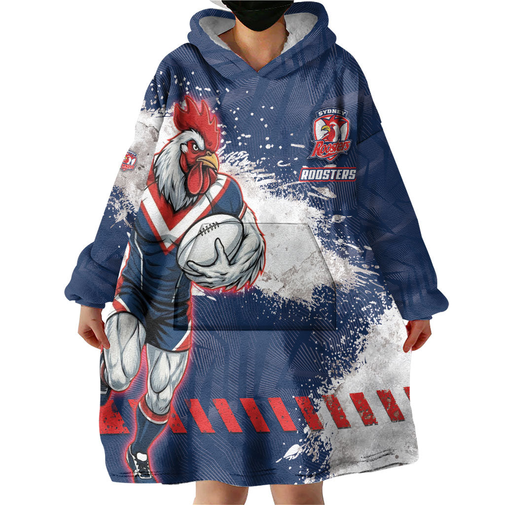 Personalized Sydney Roosters Rugby Wearable Blanket Hoodie Rooster Mascot - Sporty Splash Art Style