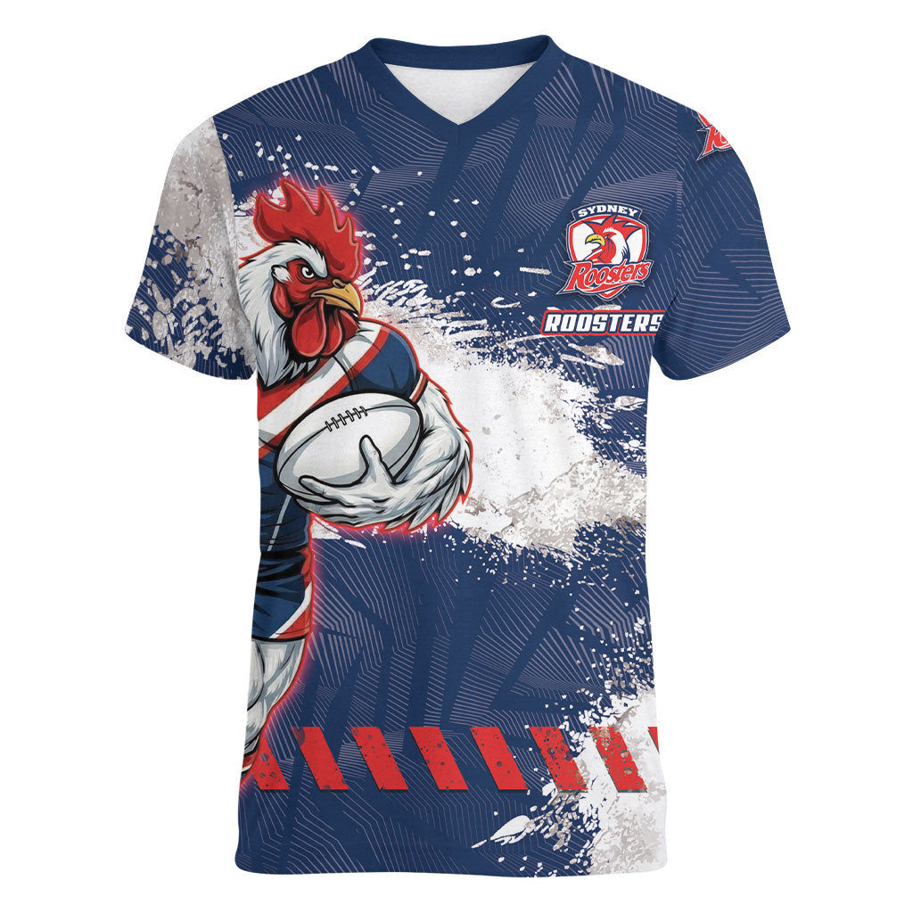 Personalized Sydney Roosters Rugby Women V-Neck T-Shirt Rooster Mascot - Sporty Splash Art Style