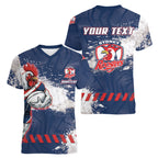 Personalized Sydney Roosters Rugby Women V-Neck T-Shirt Rooster Mascot - Sporty Splash Art Style