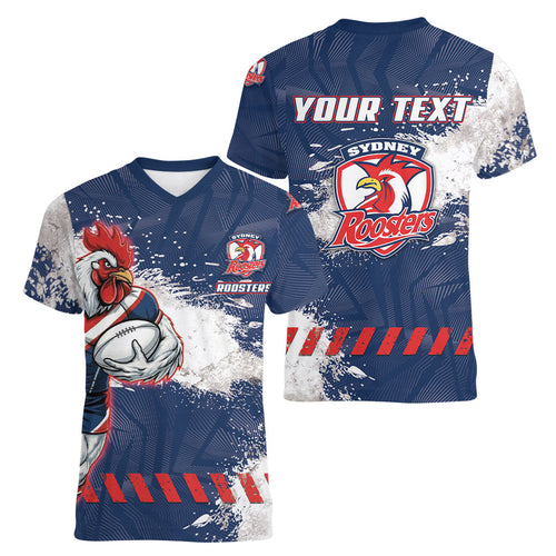 Personalized Sydney Roosters Rugby Women V-Neck T-Shirt Rooster Mascot - Sporty Splash Art Style
