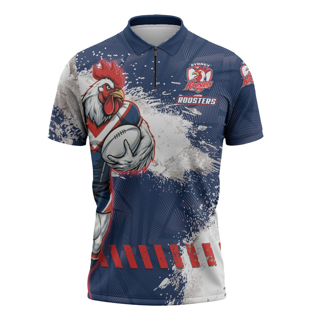 Personalized Sydney Roosters Rugby Zipper Polo Shirt Rooster Mascot - Sporty Splash Art Style