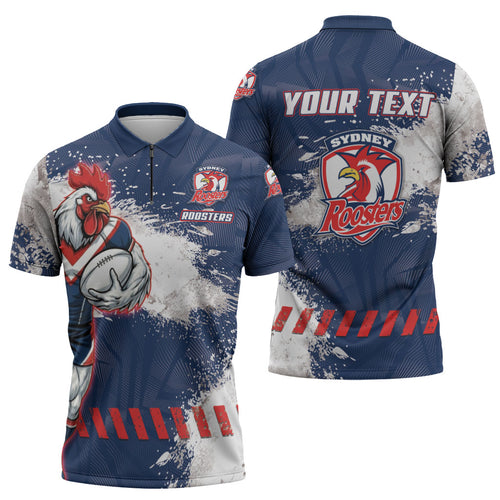 Personalized Sydney Roosters Rugby Zipper Polo Shirt Rooster Mascot - Sporty Splash Art Style