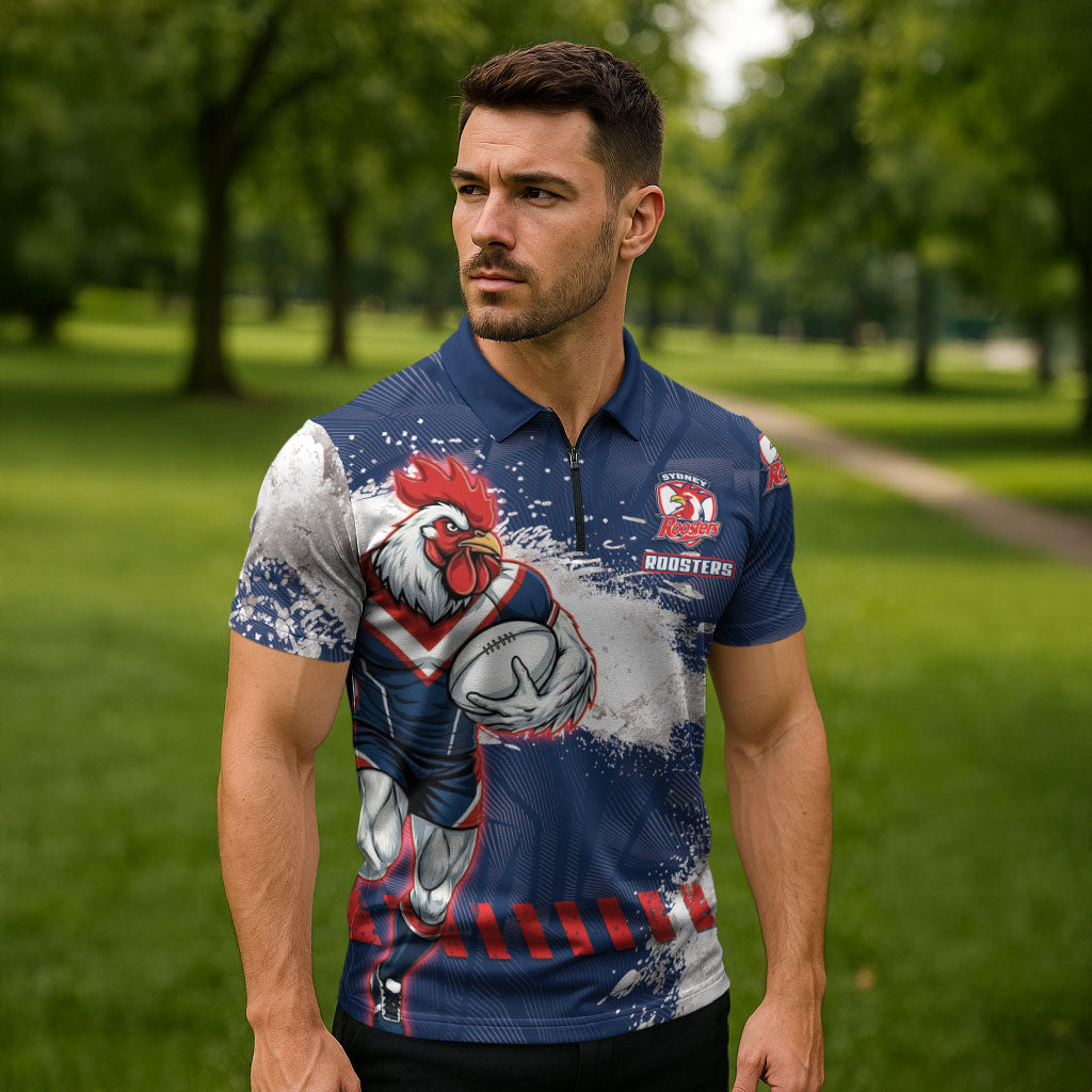 Personalized Sydney Roosters Rugby Zipper Polo Shirt Rooster Mascot - Sporty Splash Art Style