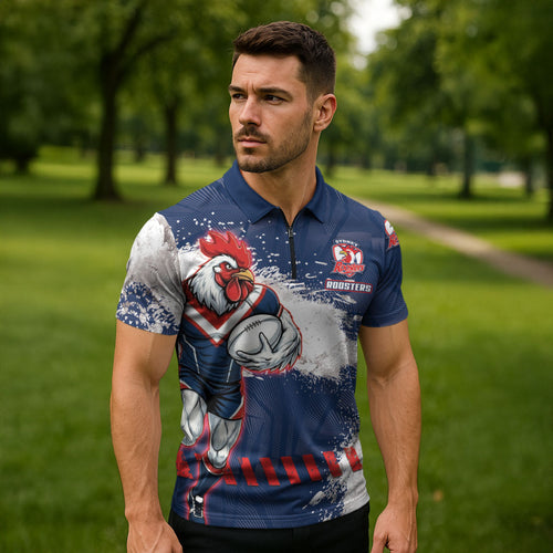 Personalized Sydney Roosters Rugby Zipper Polo Shirt Rooster Mascot - Sporty Splash Art Style