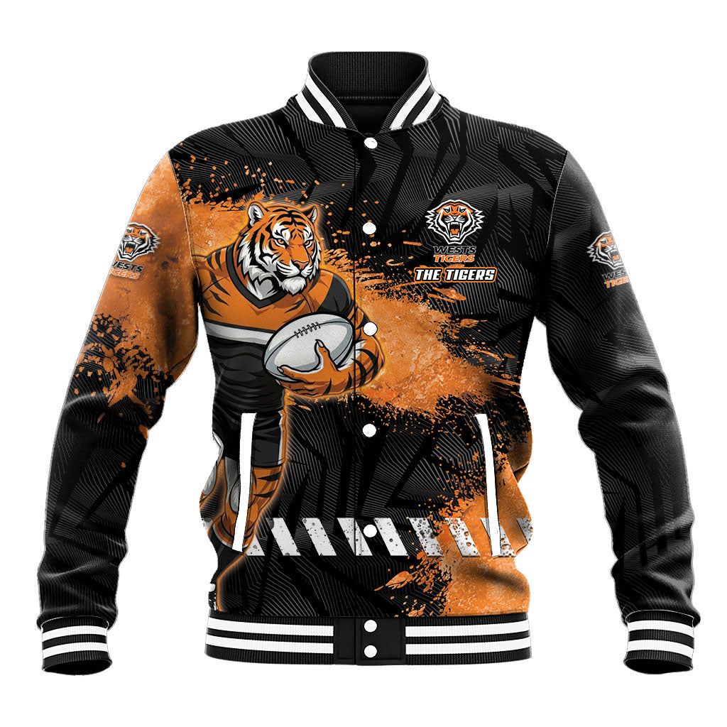 Personalized Wests Tigers Rugby Baseball Jacket Tiger Mascot - Sporty Splash Art Style