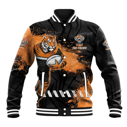 Personalized Wests Tigers Rugby Baseball Jacket Tiger Mascot - Sporty Splash Art Style