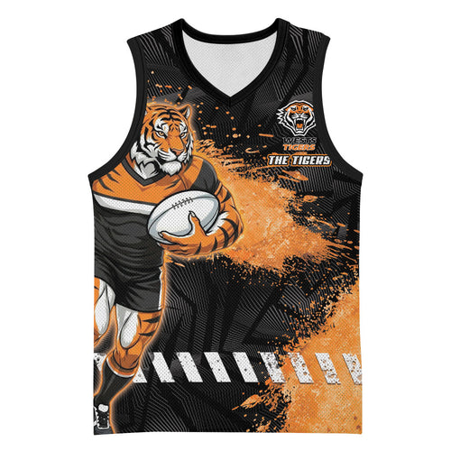 Personalized Wests Tigers Rugby Basketball Jersey Tiger Mascot - Sporty Splash Art Style