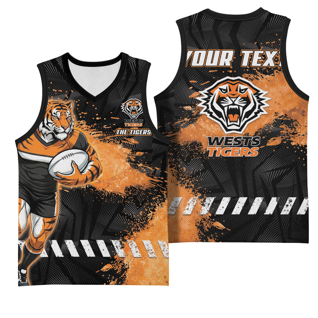 Personalized Wests Tigers Rugby Basketball Jersey Tiger Mascot - Sporty Splash Art Style