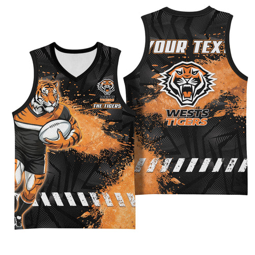 Personalized Wests Tigers Rugby Basketball Jersey Tiger Mascot - Sporty Splash Art Style