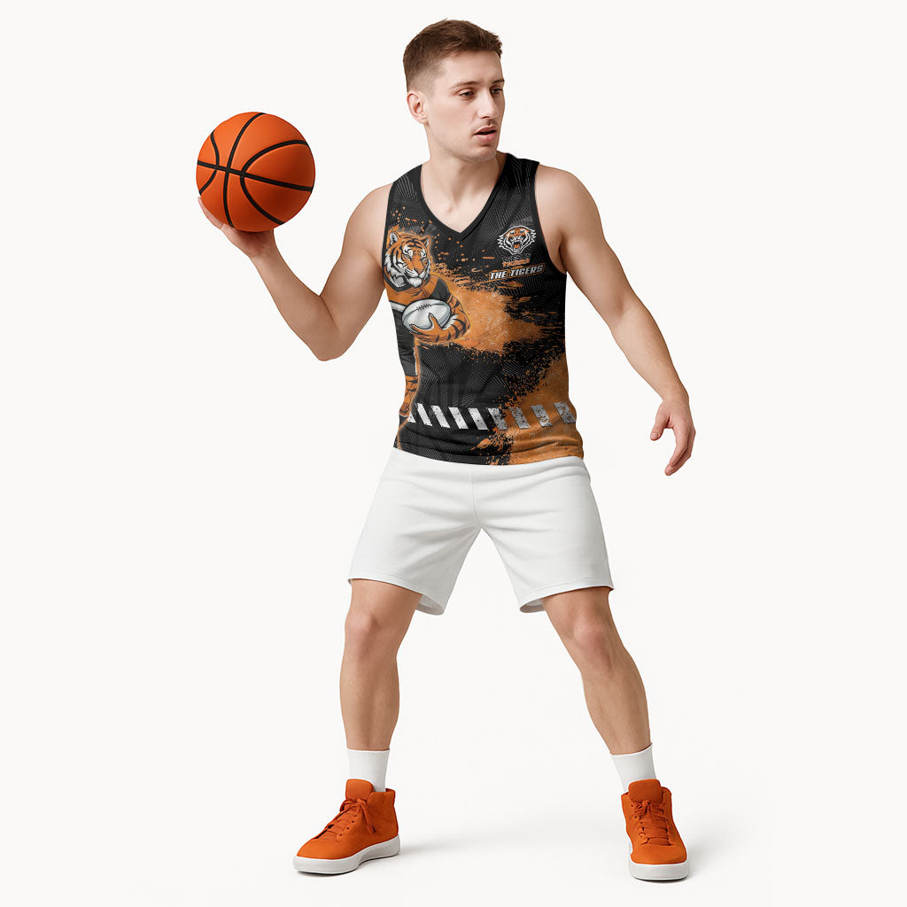 Personalized Wests Tigers Rugby Basketball Jersey Tiger Mascot - Sporty Splash Art Style