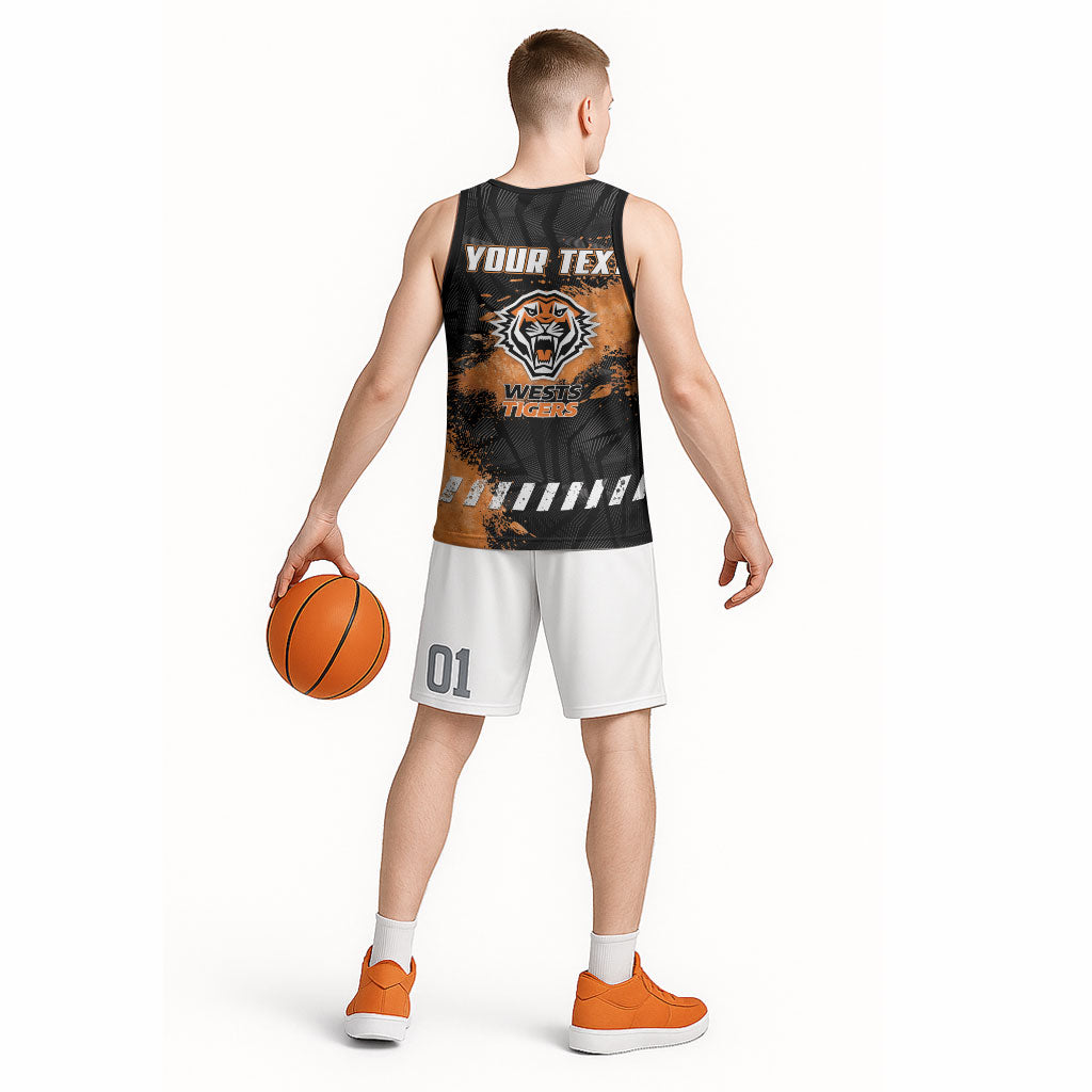 Personalized Wests Tigers Rugby Basketball Jersey Tiger Mascot - Sporty Splash Art Style