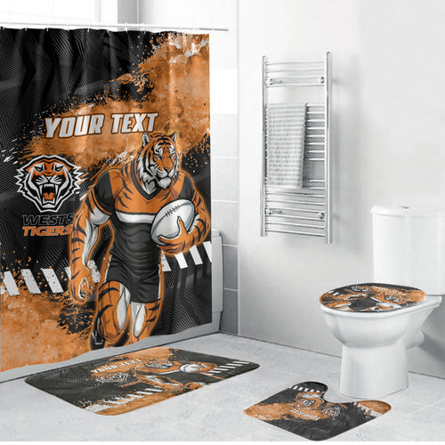 Personalized Wests Tigers Rugby Bathroom Set Tiger Mascot - Sporty Splash Art Style
