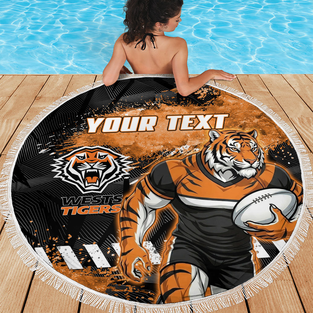 Personalized Wests Tigers Rugby Beach Blanket Tiger Mascot - Sporty Splash Art Style