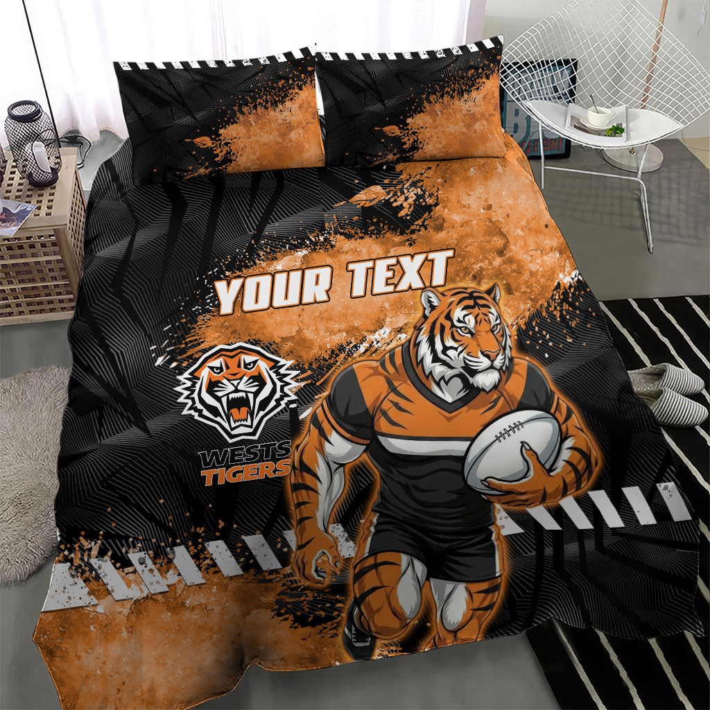Personalized Wests Tigers Rugby Bedding Set Tiger Mascot - Sporty Splash Art Style