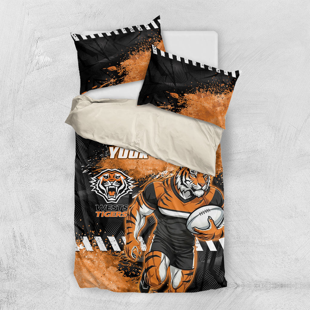 Personalized Wests Tigers Rugby Bedding Set Tiger Mascot - Sporty Splash Art Style