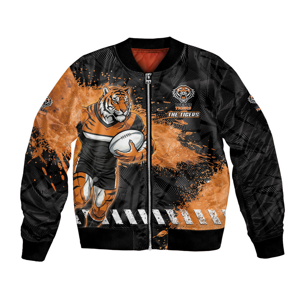 Personalized Wests Tigers Rugby Bomber Jacket Tiger Mascot - Sporty Splash Art Style